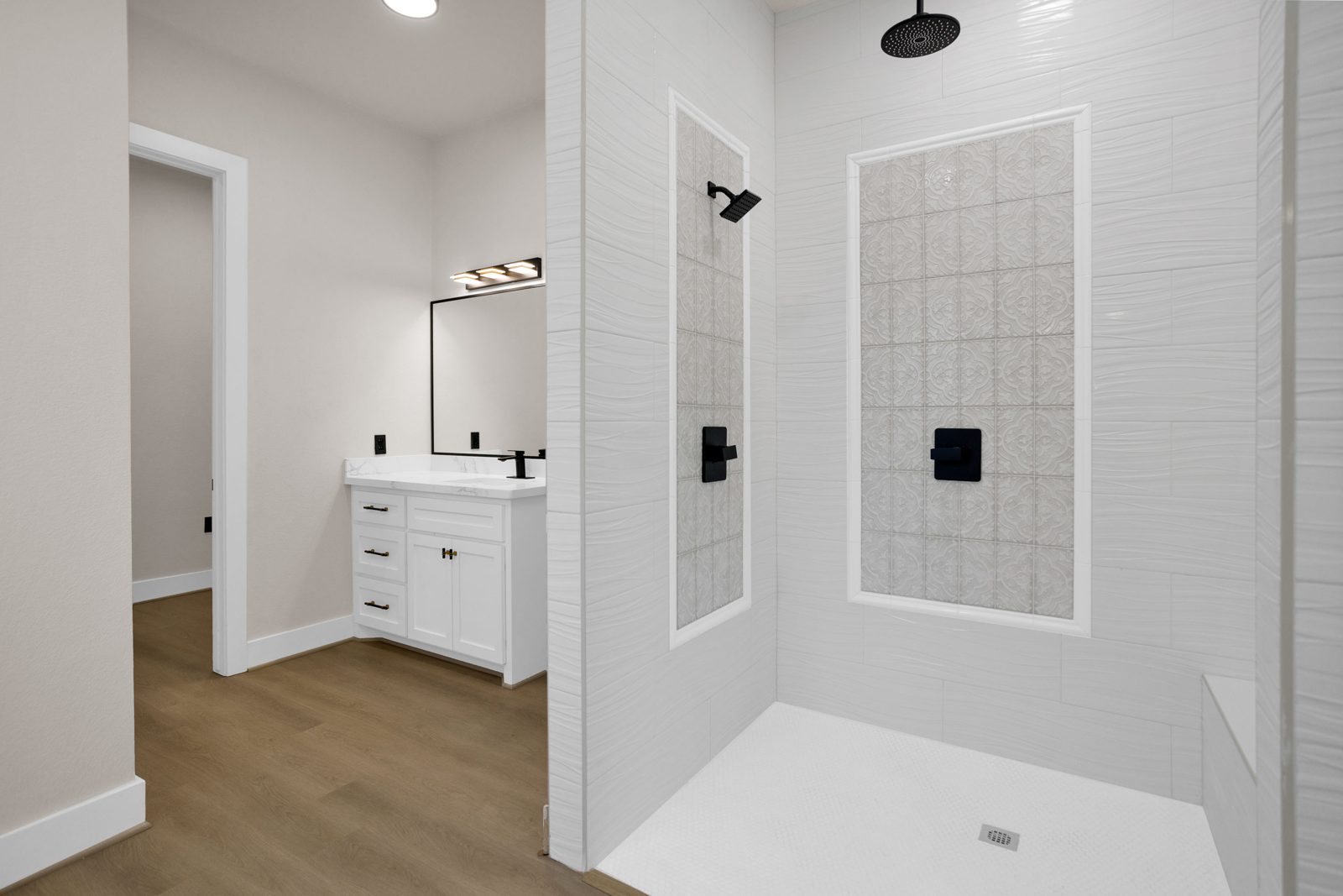 Walk-in tile shower with dual entry